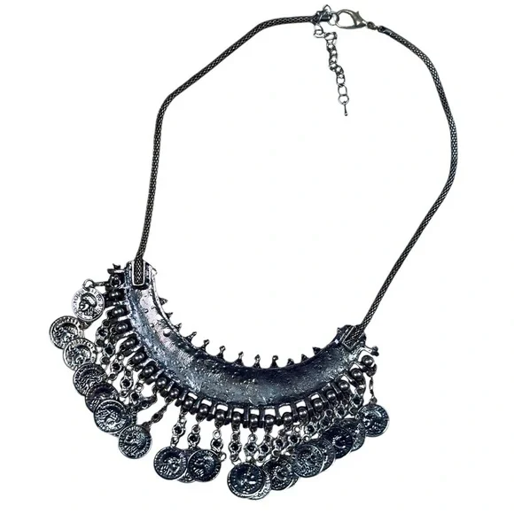 Boho Oxidized Silver Tone Tribal Coin Fringe Bib Necklace Statement Choker - Picture 3 of 14